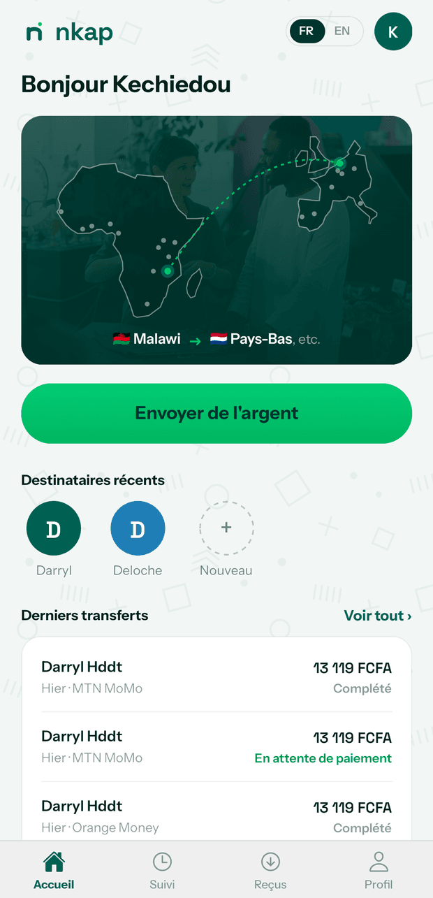 Écran d'accueil de l'expéditeur, avec le bouton envoyer de l'argent.